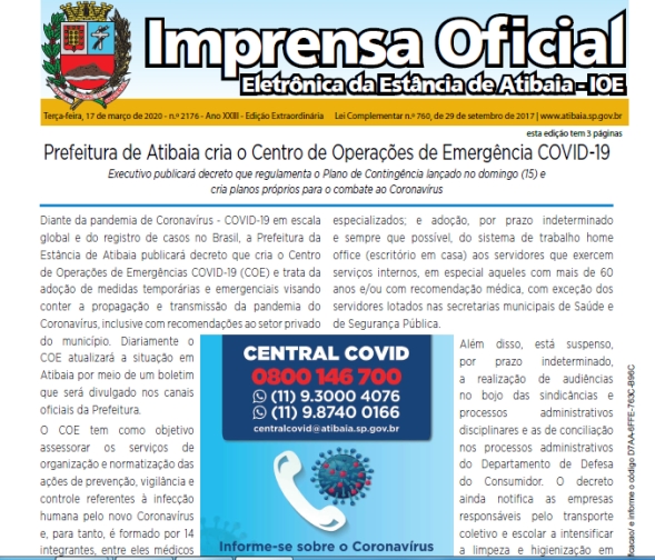 Notícia: CENTRAL COVID: 0800 146 700: Prefeitura de Atibaia cria o Centro de Operações de Emergência COVID-19.